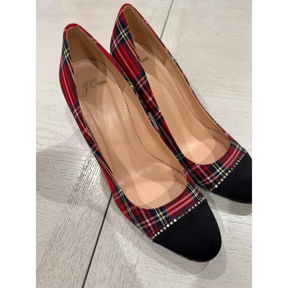 J. Crew Red Stewart Hartan Pumps Heels with Cap Toe for Women Old Money Richcore